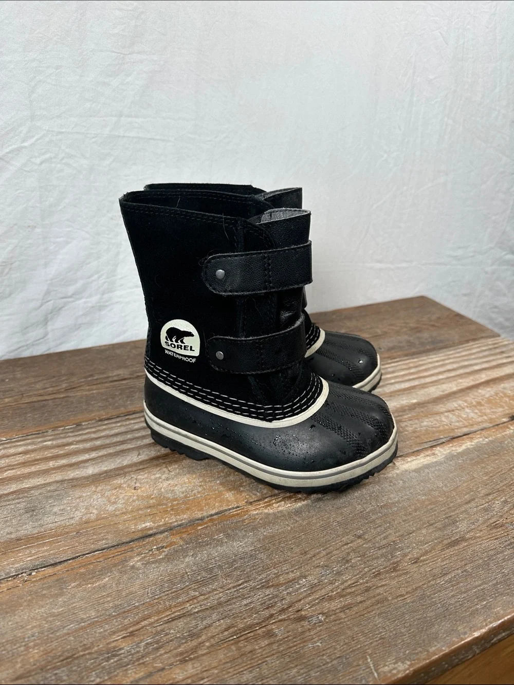Sorel Kids Black Waterproof Hook-and-Loop Snow Boots